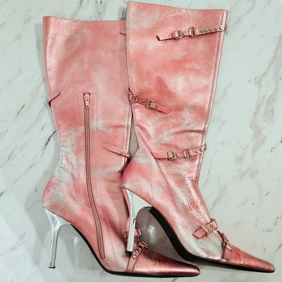 Steve Madden Shoes - Steve Madden • Pink, Distressed Metallic Faux-Leather Stiletto Boots, size 9